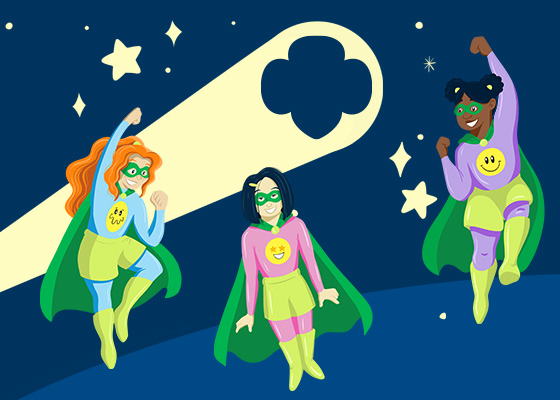 Three Girl Scout superheroes in the night sky